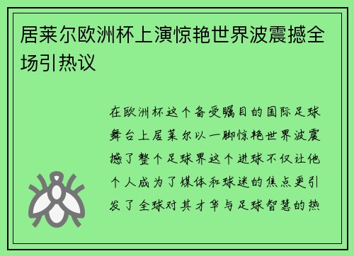 居莱尔欧洲杯上演惊艳世界波震撼全场引热议 居莱尔欧洲杯上演惊艳世界波震撼全场引热议